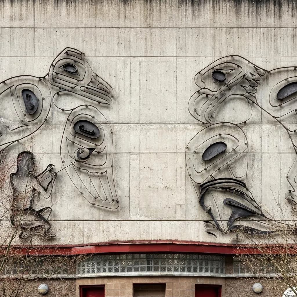 Metal raven and eagle sculpture on a downtown Juneau building facade