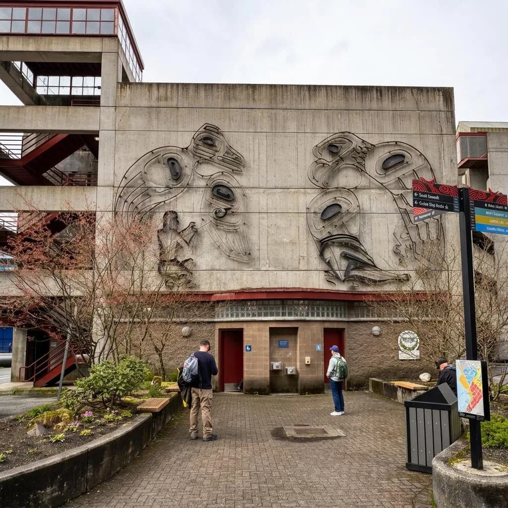 The raven and eagle sculpture viewed from the plaza in downtown Juneau