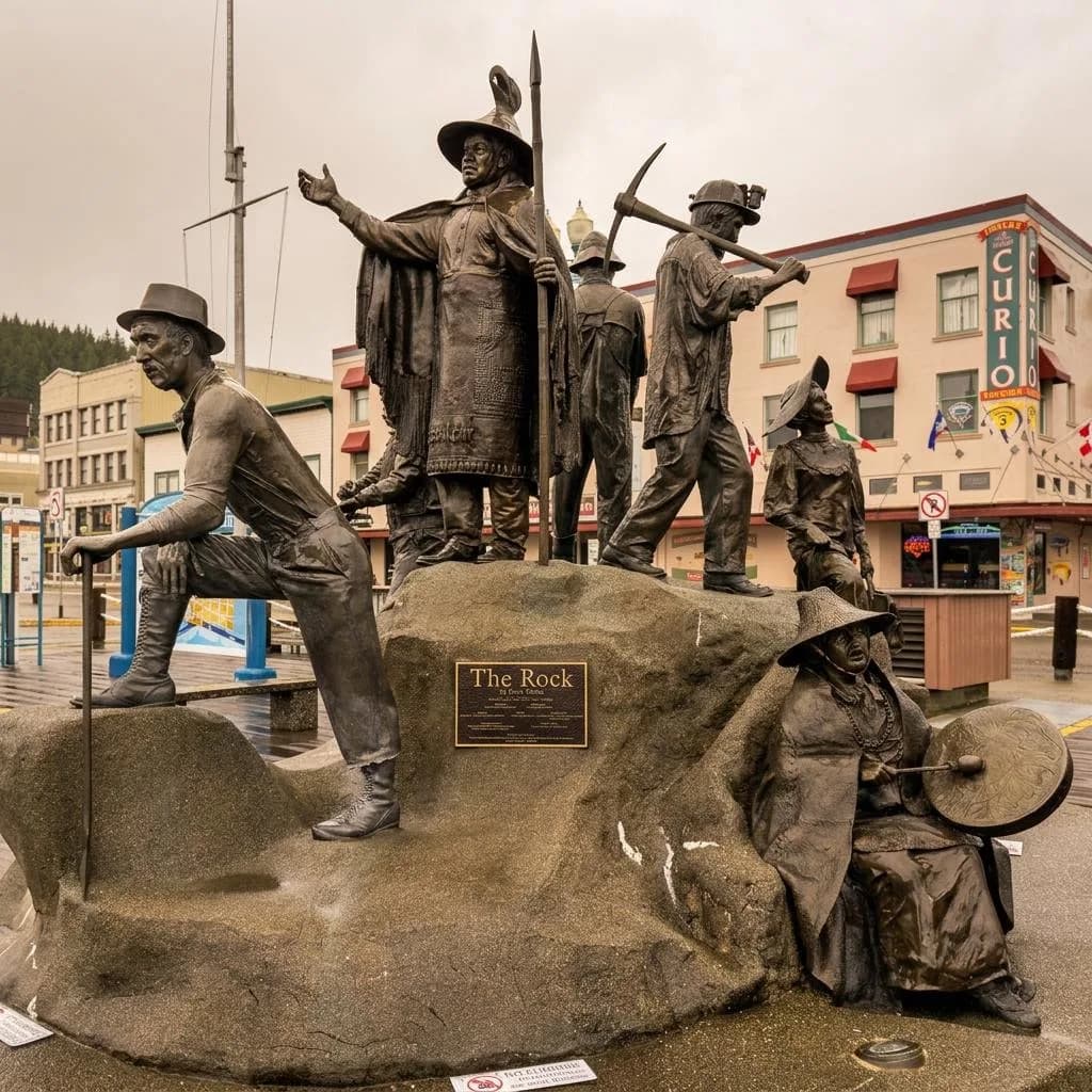 Wide view of The Rock monument statue group in downtown Ketchikan