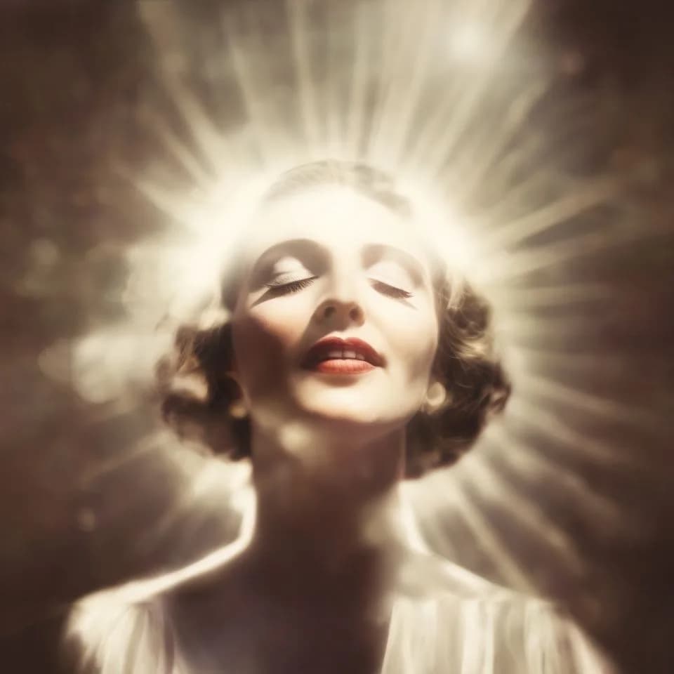 A woman with her eyes closed has a light coming out of her head.