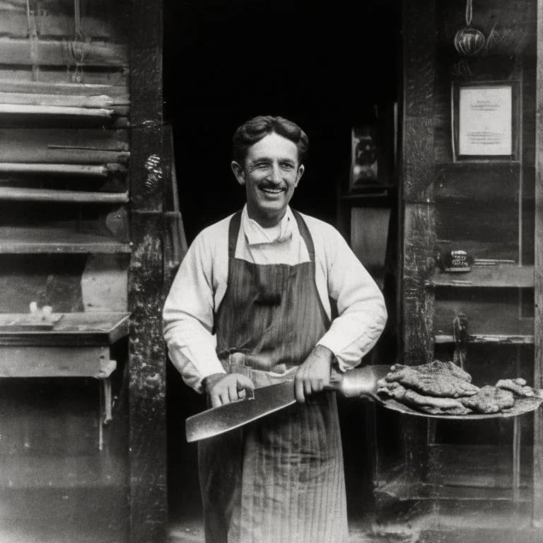 A black and white photo of a butcher with the words the butcher of palos park below him