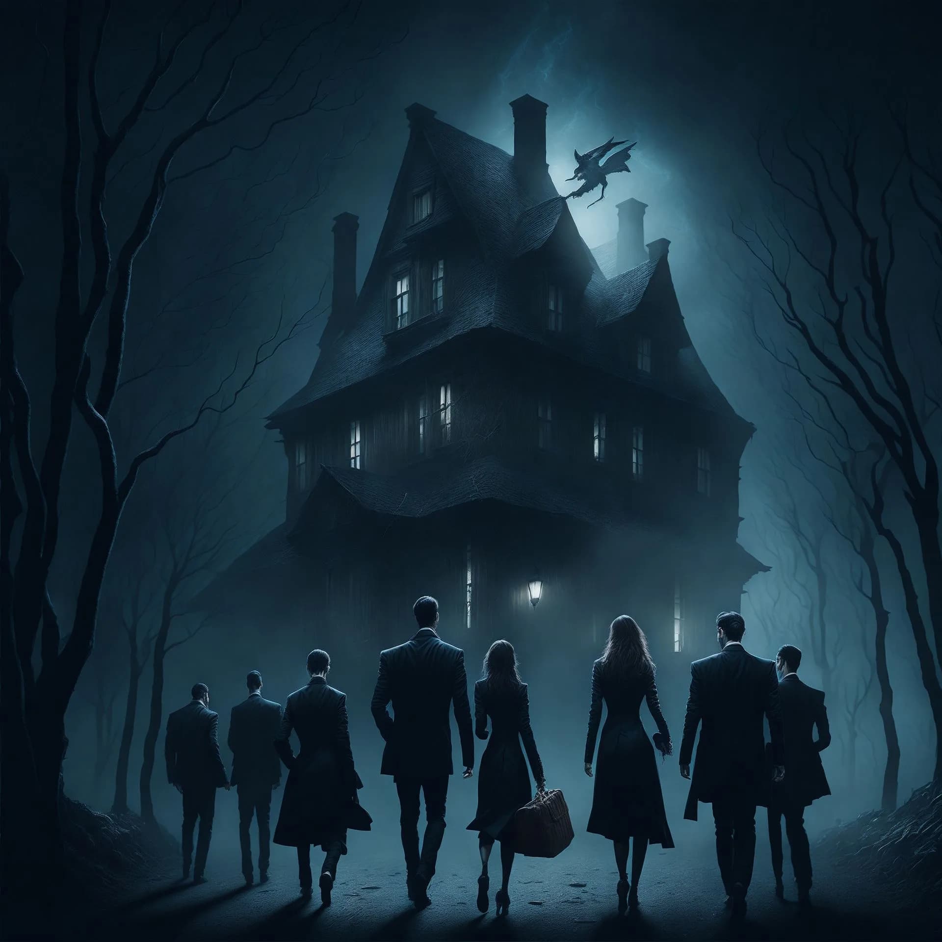 A group of people standing in front of a haunted house
