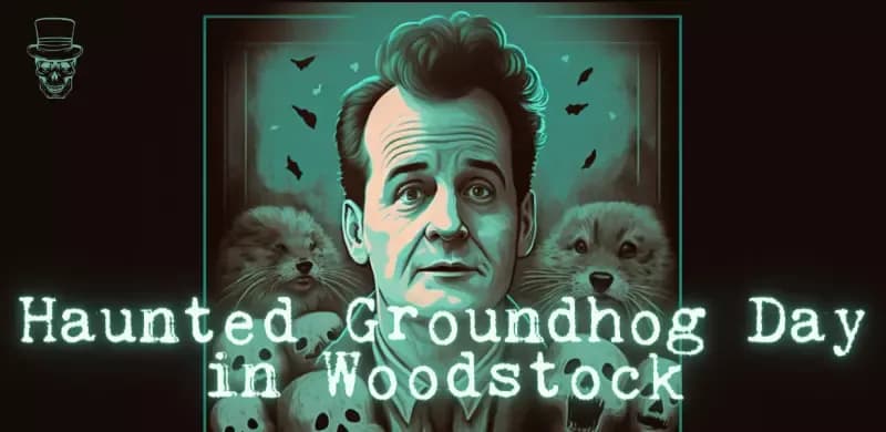 A poster for haunted groundhog day in woodstock with a man and three dalmatian dogs.