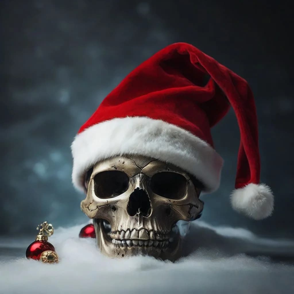 A skull wearing a santa hat next to the words christmas ghost stories