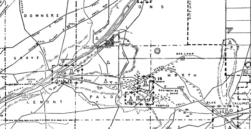 A black and white map shows a town called lemont