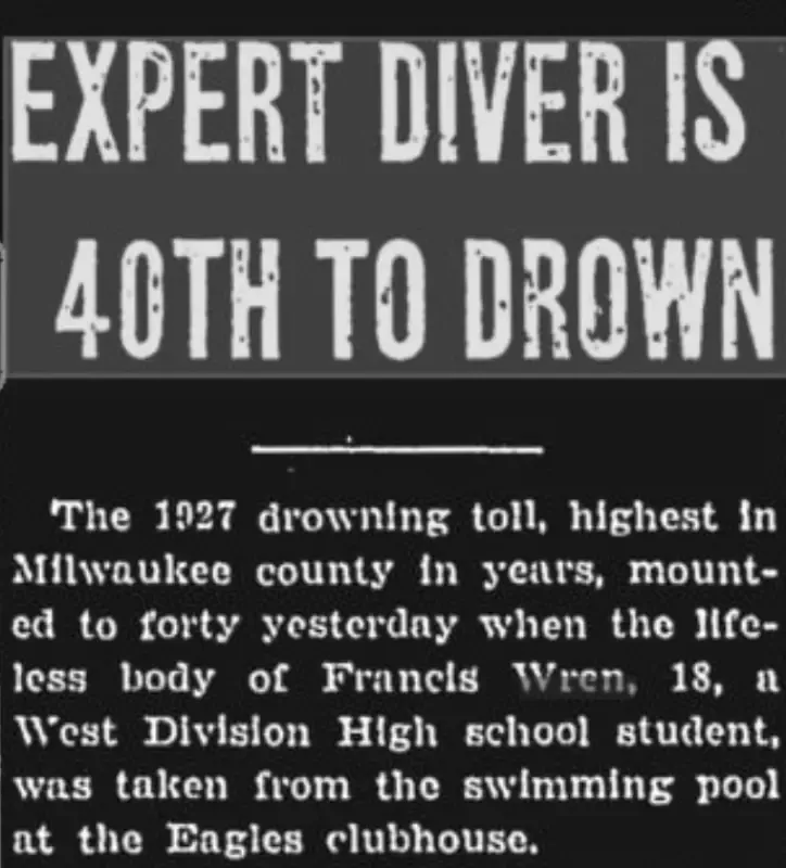 A black and white newspaper article that says expert diver is 40th to drown