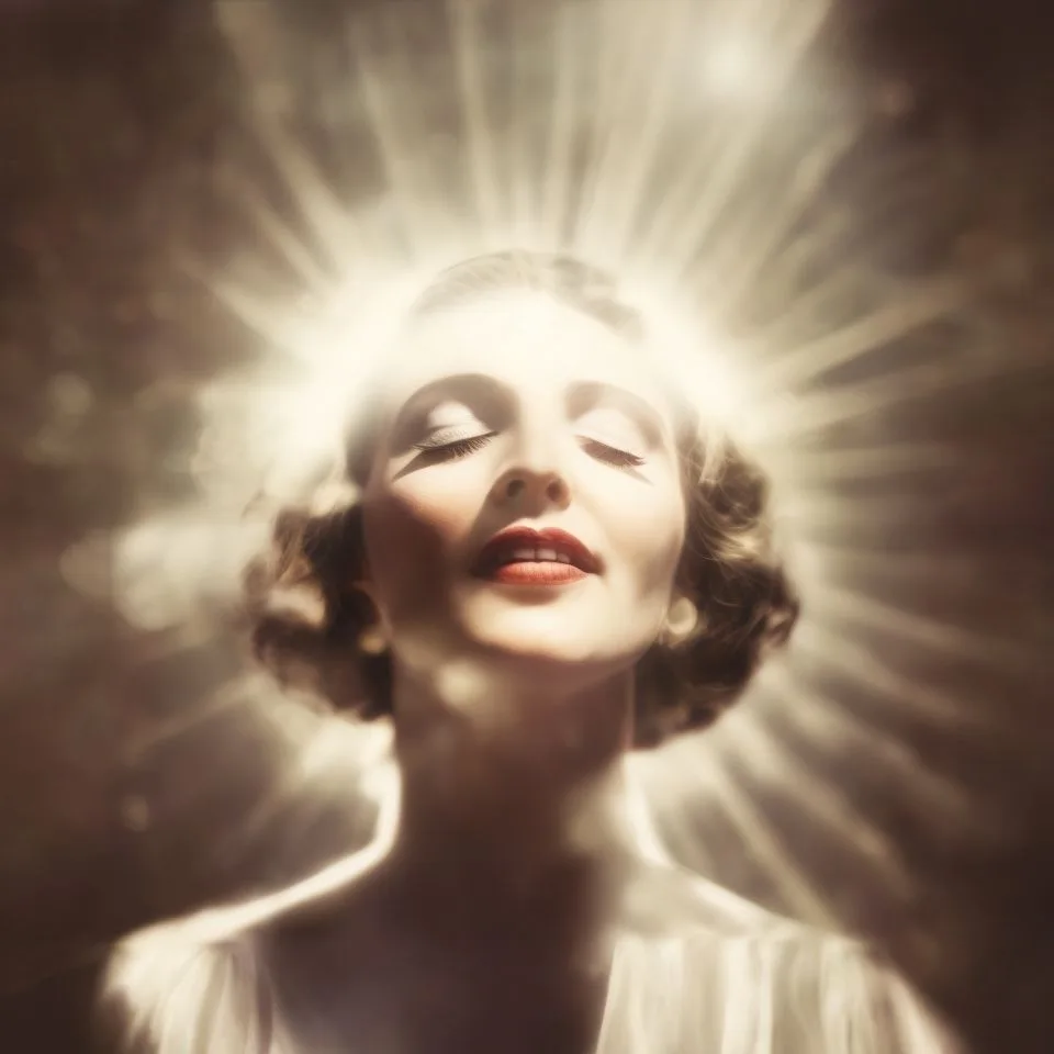 A woman with her eyes closed has a light coming out of her head.