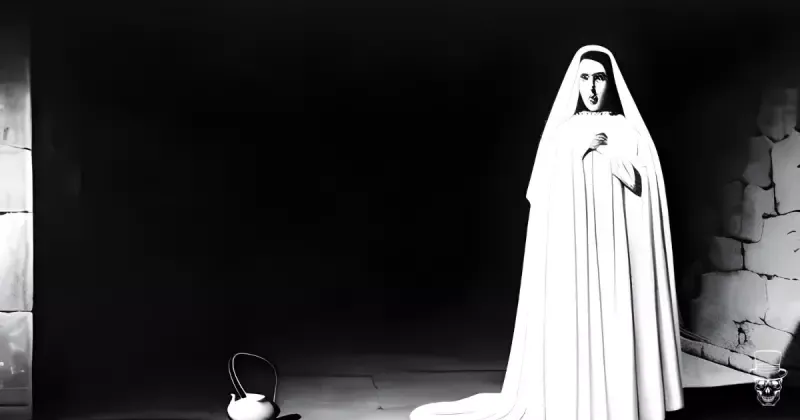 A woman in a white robe is standing in a dark room