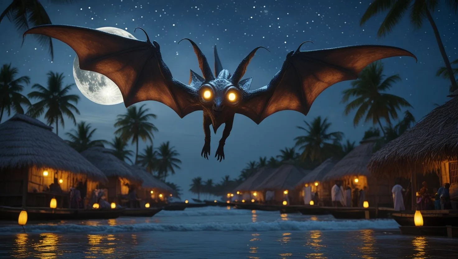 An artistic rendition of a Popobawa flying through a Zanzibar village