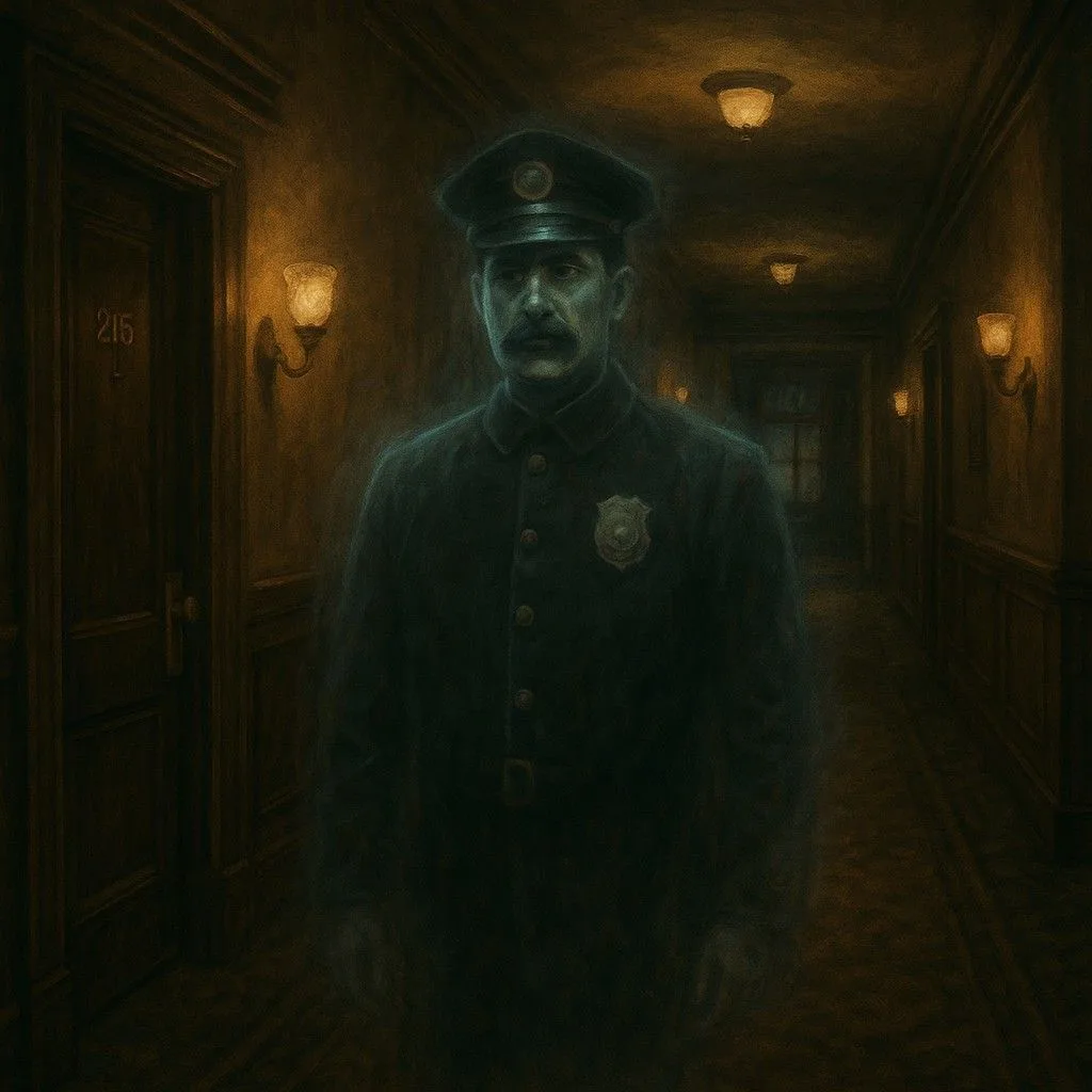 A ghost of a police officer is standing in a dark hallway