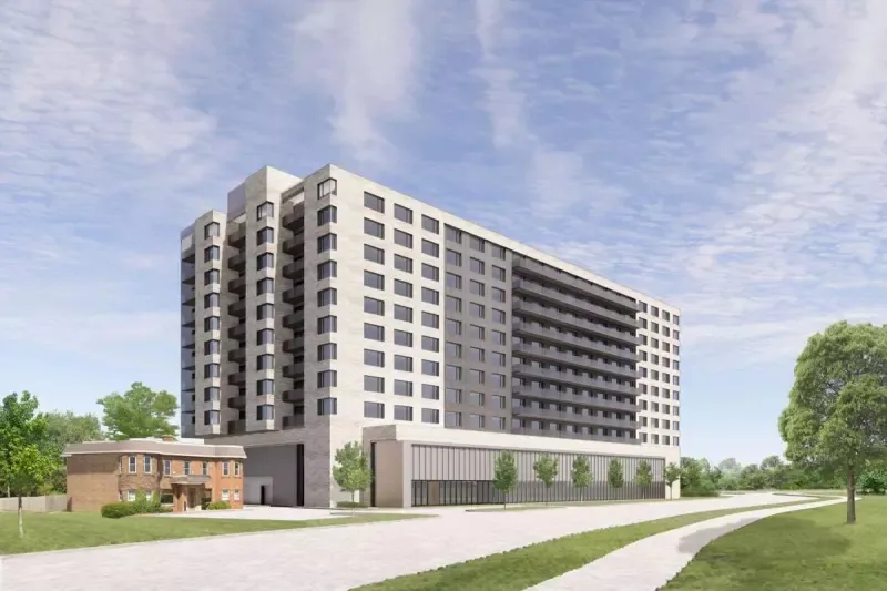 An artist 's impression of a large building with a lot of windows surrounded by trees and grass.