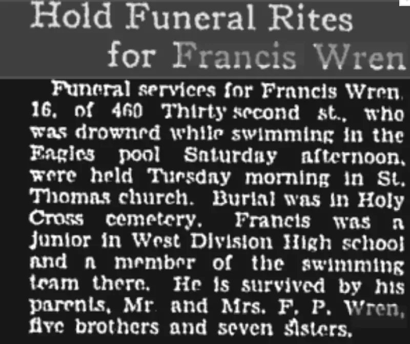 A newspaper article titled hold funeral rites for francis wren