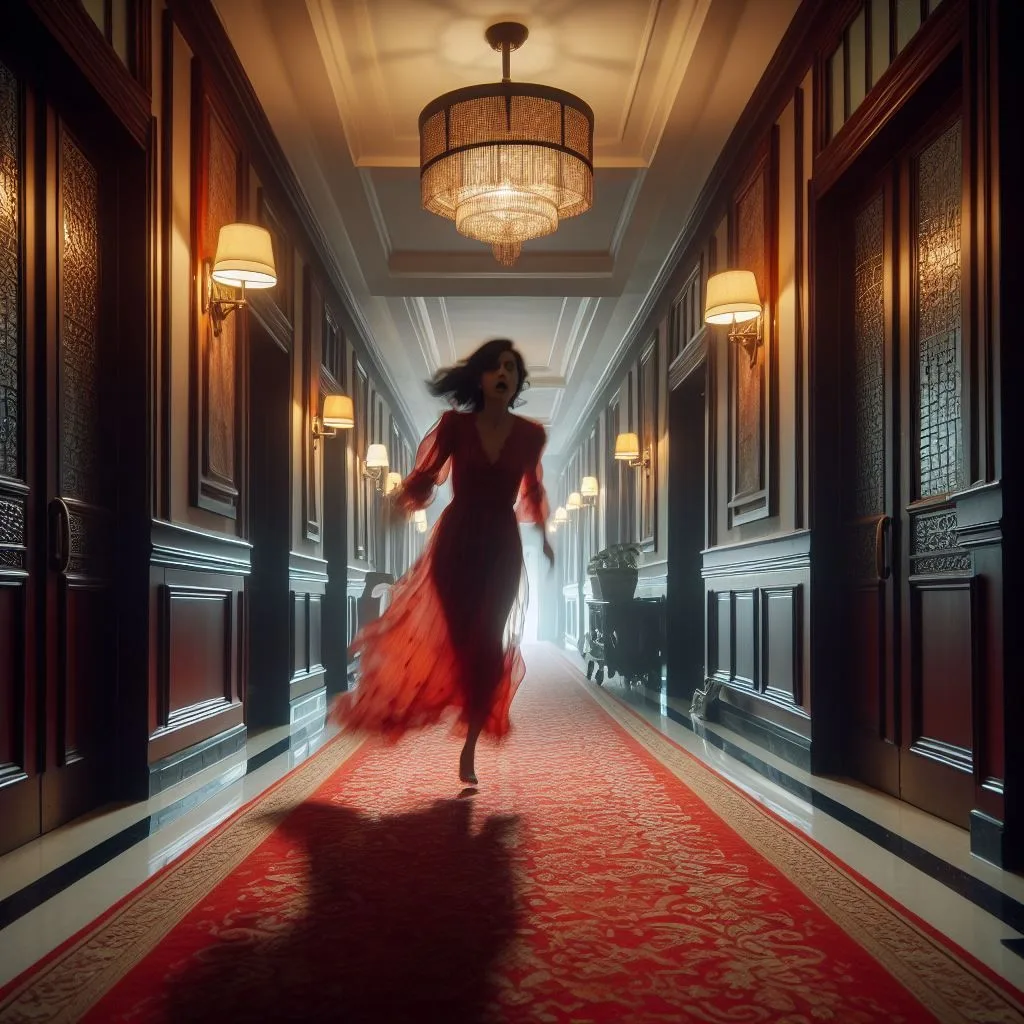 A woman in a red dress is walking down a hotel hallway.