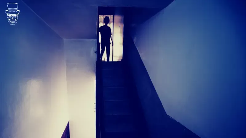 A person is standing in a dark room looking out of a window.
