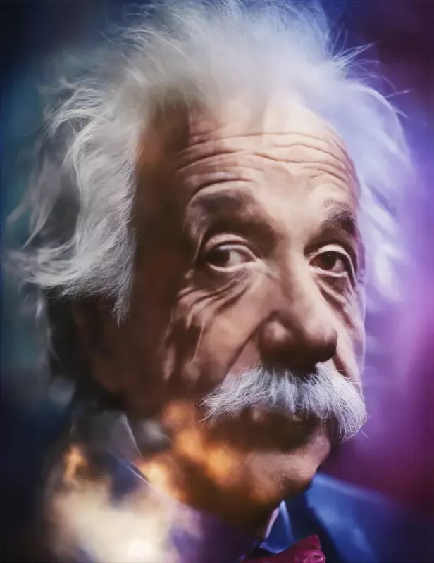 A close up of albert einstein 's face with white hair and a mustache.