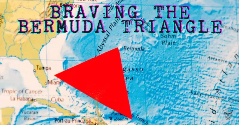 A map of the bermuda triangle with a red triangle pointing to it.