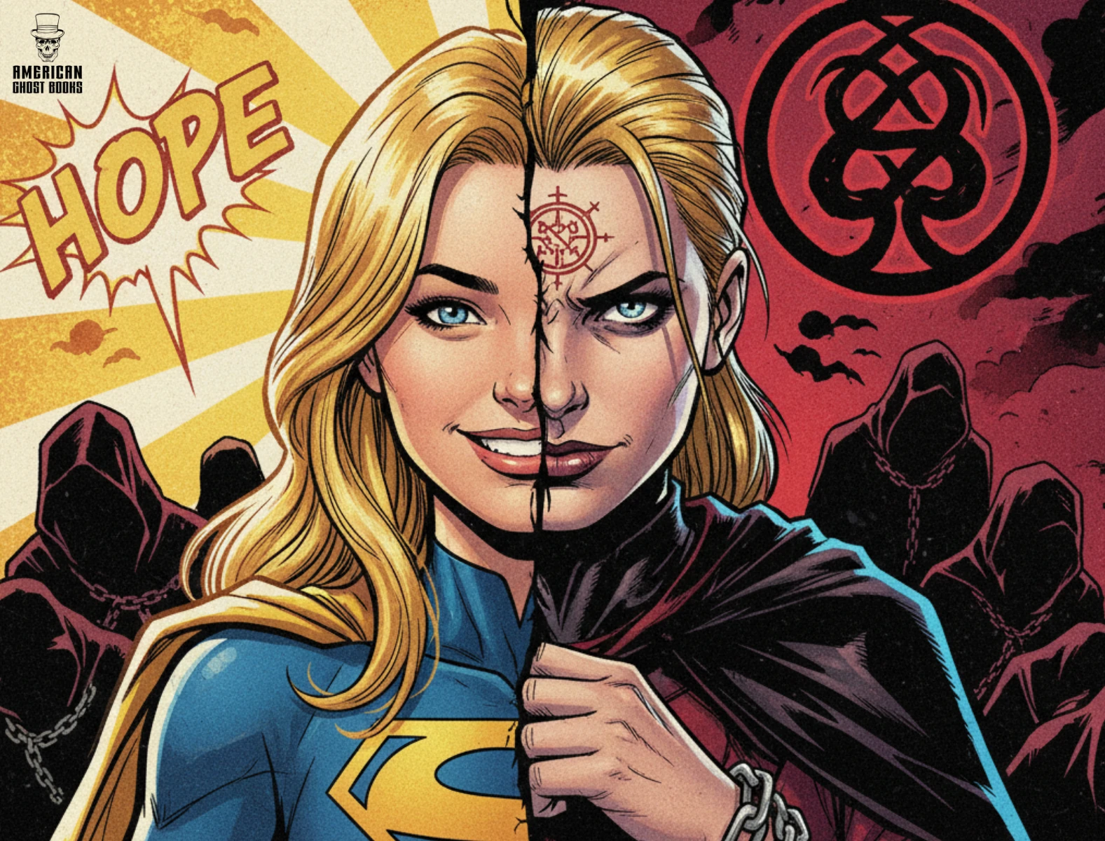 Split portrait of Supergirl; left side optimistic, right side menacing with dark cloak; background with cloaked figures.