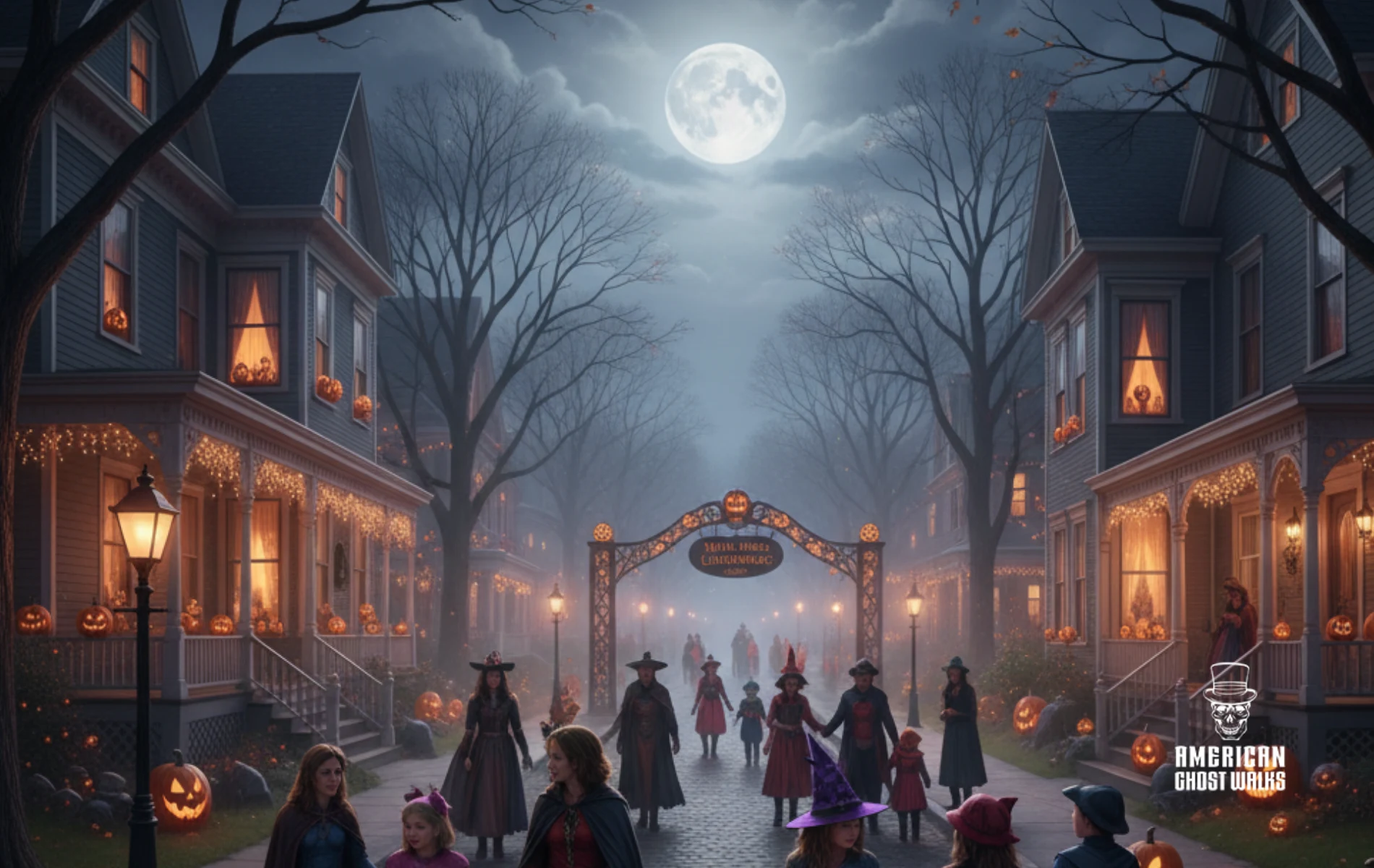Halloween street scene at night with lit houses, a full moon, and costumed people.