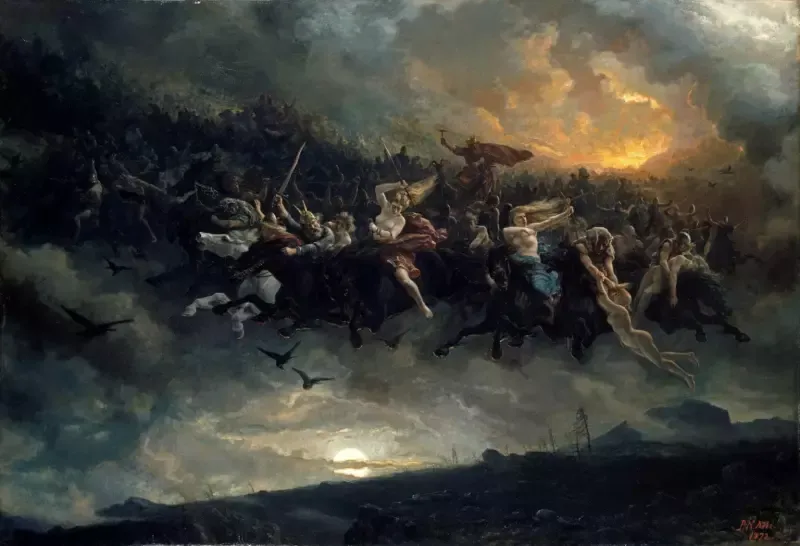 A painting of a group of people riding horses in the sky.