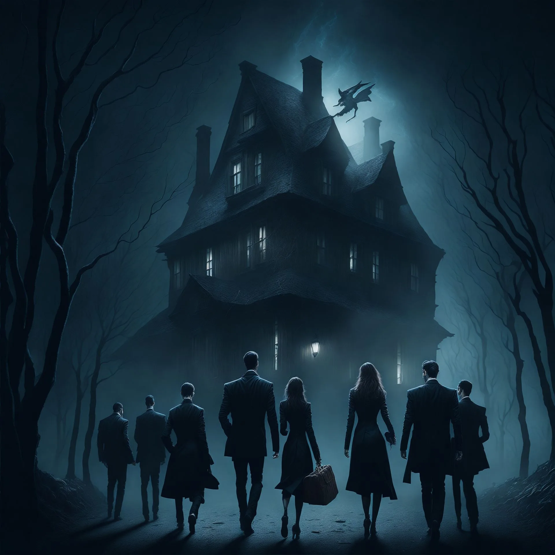 A group of people standing in front of a haunted house