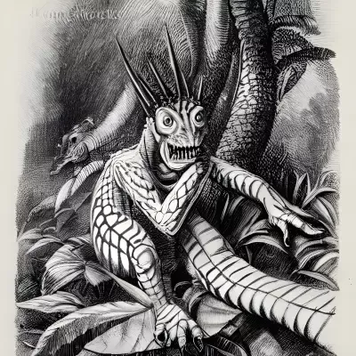 A black and white drawing of a monster sitting on a tree branch.