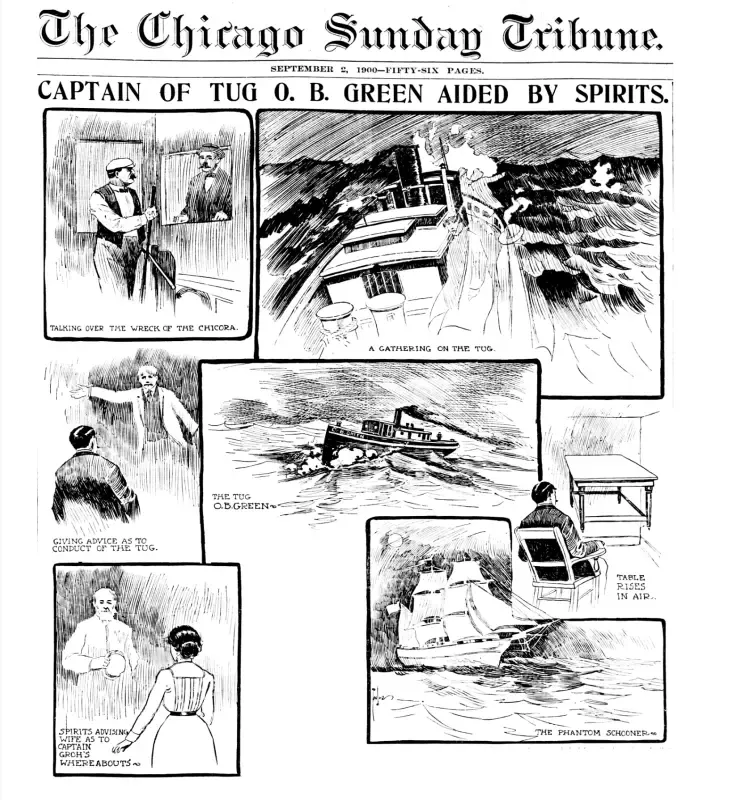 A black and white newspaper article about captain tuq o. b. green aided by spirits.