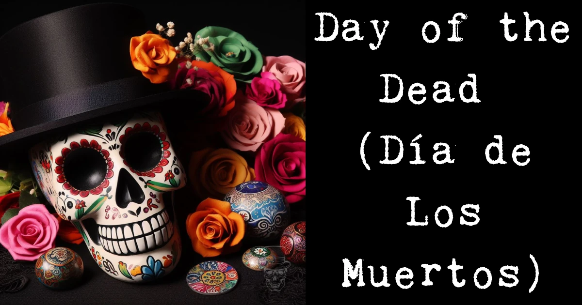 Colorful Day of the Dead skull with a top hat and flowers, on a dark background.