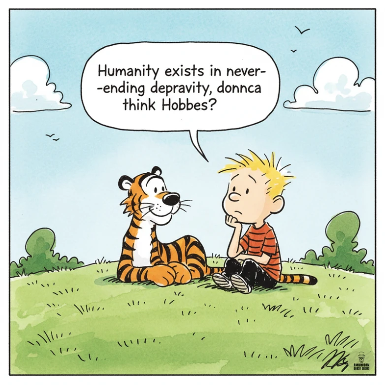 Calvin and Hobbes sitting on a grassy hill. Hobbes the tiger looks at Calvin, who is thinking. Speech bubble reads: 