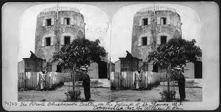 A black and white photo of bluebeards castle in st. thomas