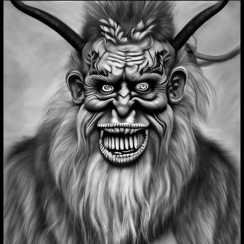 A black and white drawing of a monster with horns and a beard