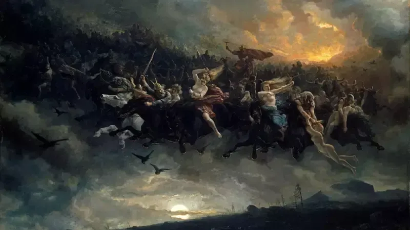 A painting of a group of people riding horses in the sky.