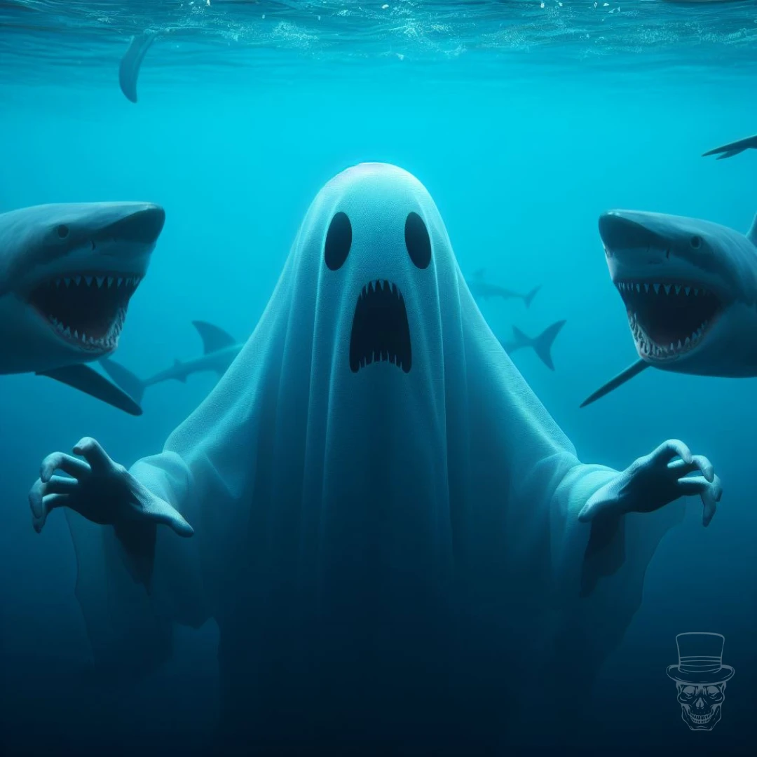 A ghost is walking on a shark tank in the ocean.