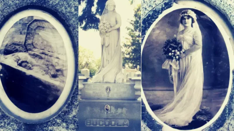 A statue of a woman in a white dress is in a cemetery