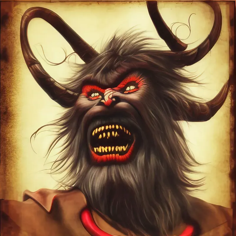 A painting of a demon with horns and a beard