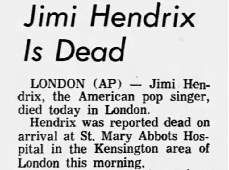 Jimi Hendrix Death Headline Jackson Sun