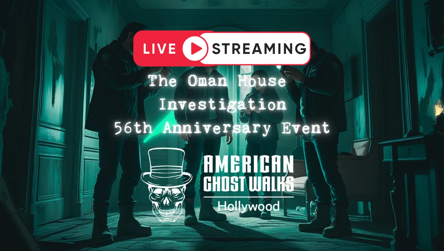 Three people in a dark room with live ghost investigation text overlay.