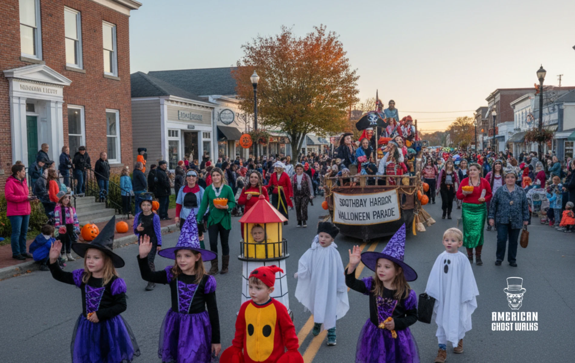 Halloween parade on a street. Children in costumes wave as a float and spectators line the road.