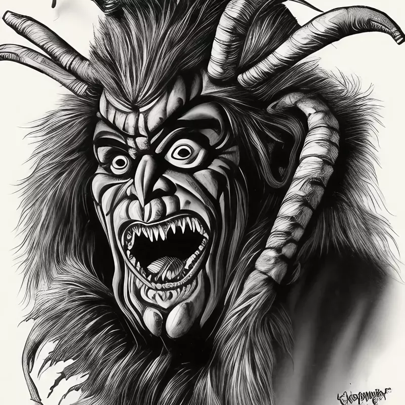 A black and white drawing of a demon with horns