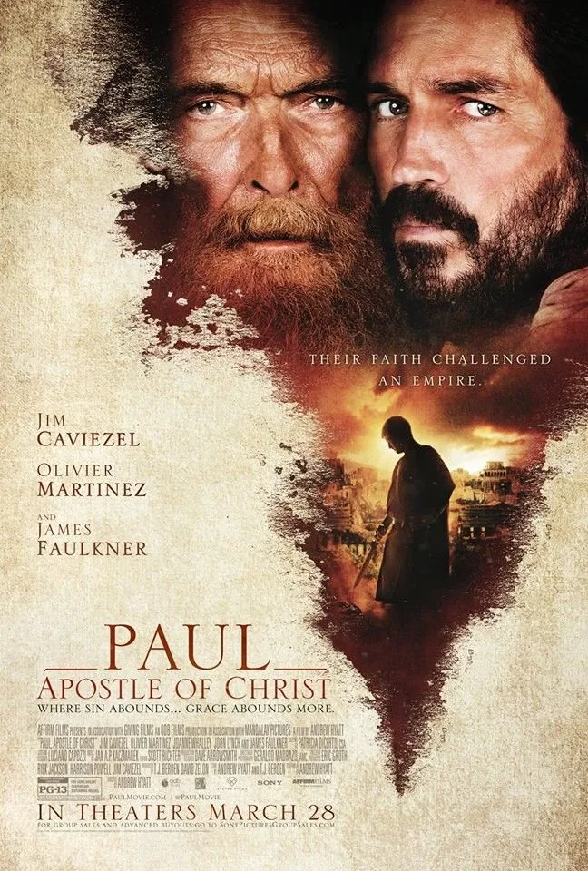 Movie poster: Paul, Apostle of Christ. Two men, one older with a beard, one younger. Silhouette of a man in the background.