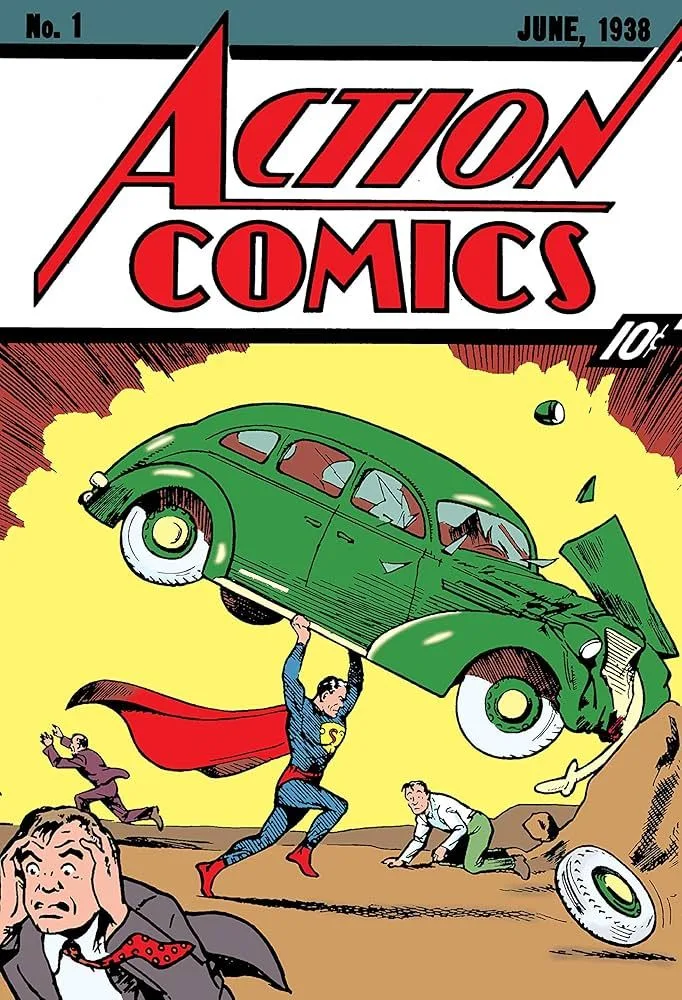 Superman lifting a green car, breaking it on a dirt hill. June 1938 Action Comics #1 cover.
