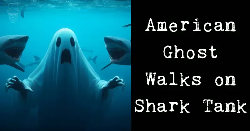 A ghost is walking on a shark tank in the ocean.