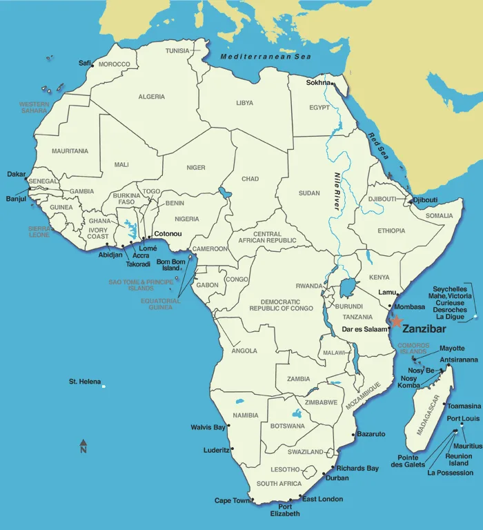 Map of Africa, showing countries and bodies of water.