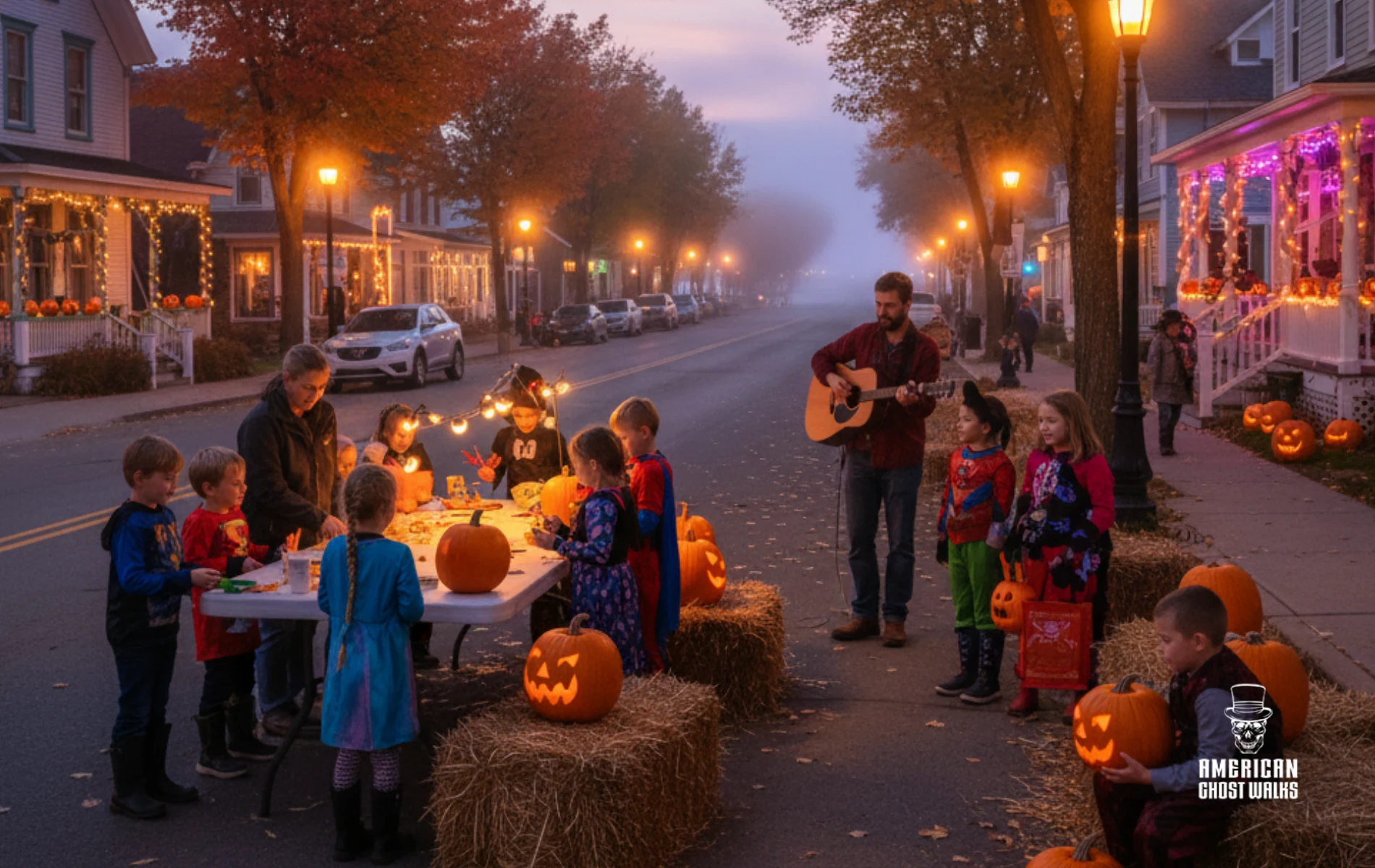Street scene at dusk: Children carve pumpkins, musician plays guitar. Decorations and lights.