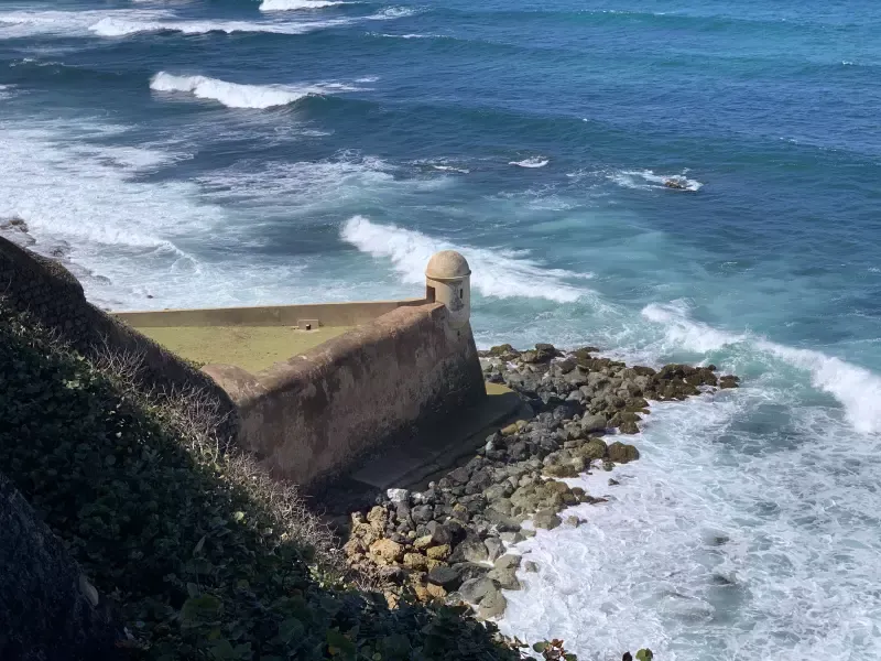 A cliff overlooking the ocean with waves crashing on the rocks.
