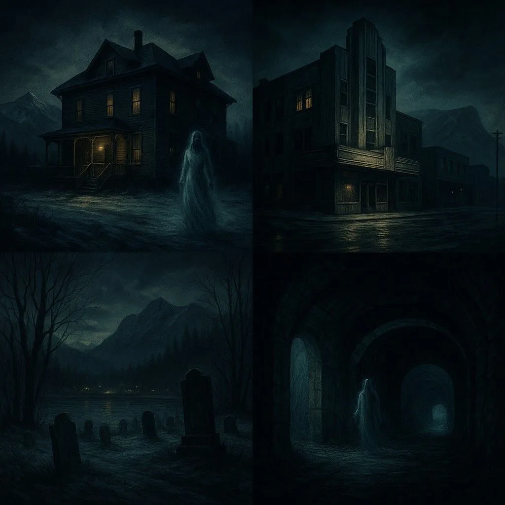 A ghost is standing in front of a haunted house at night
