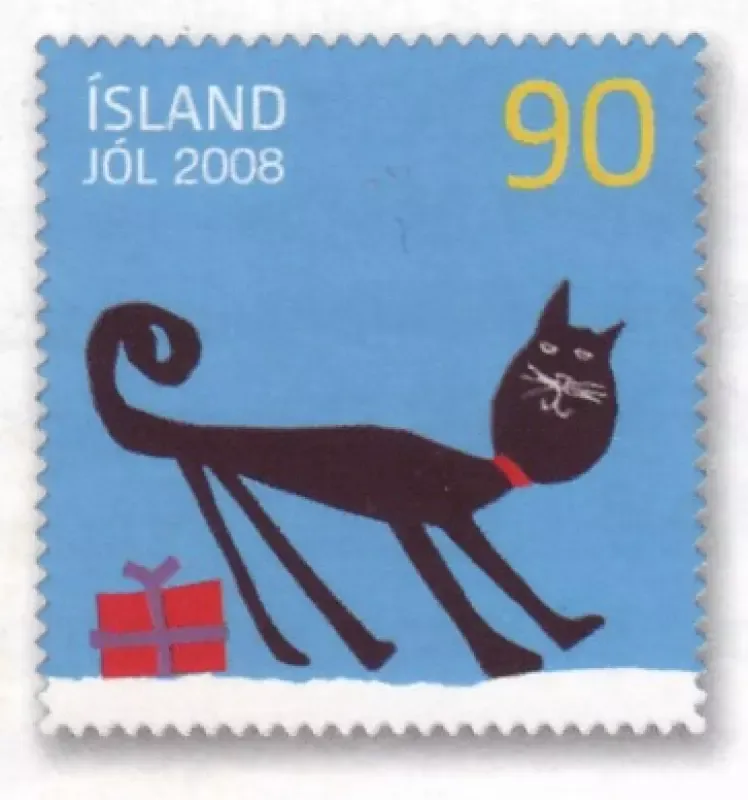 A postage stamp from iceland shows a black cat