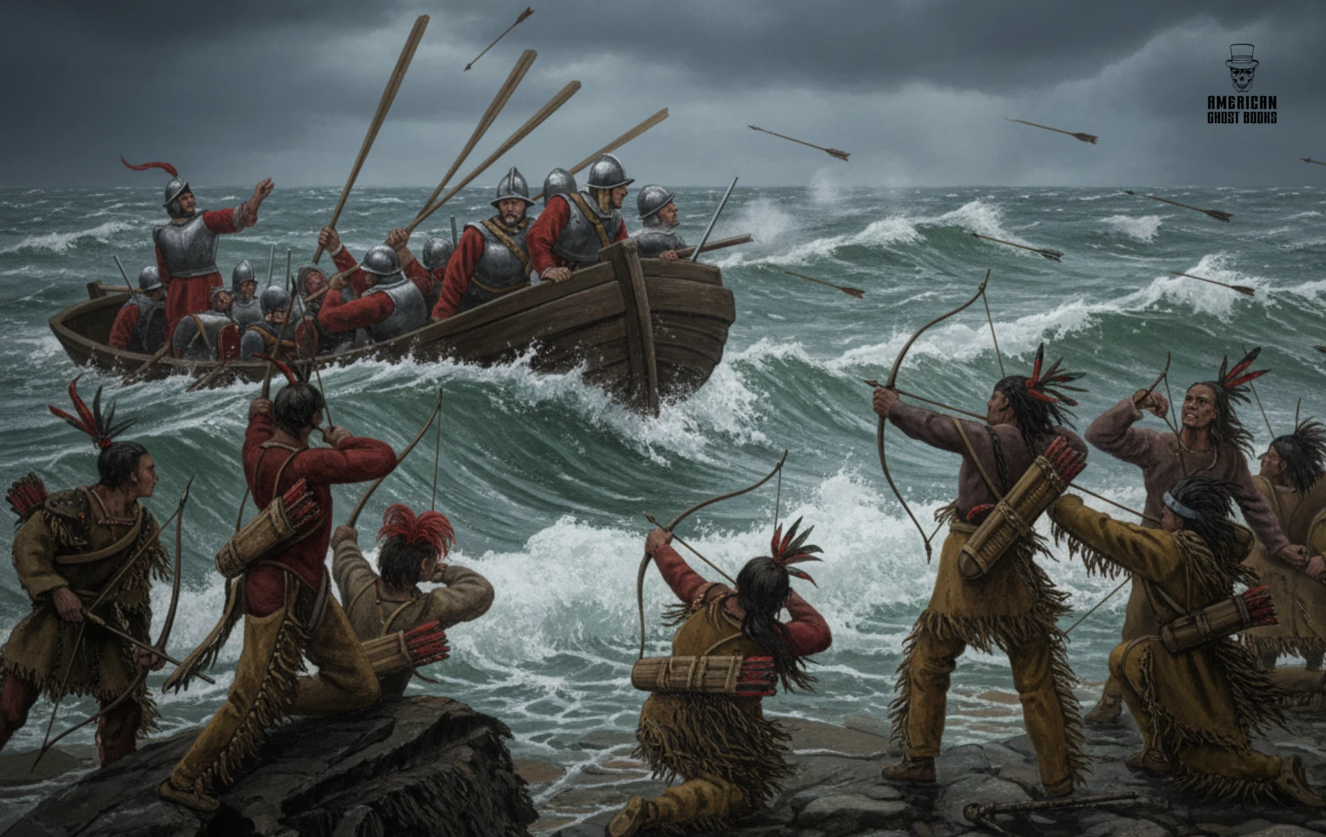 Native Americans firing arrows at a boat carrying armored soldiers in turbulent water.