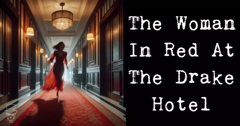 A woman in a red dress is walking down a hotel hallway.
