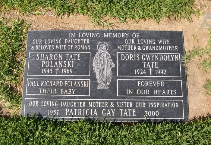 Black tombstone: Sharon Tate, Doris Gwendolyn Tate, and Patricia Gay Tate. Includes birth/death years and 