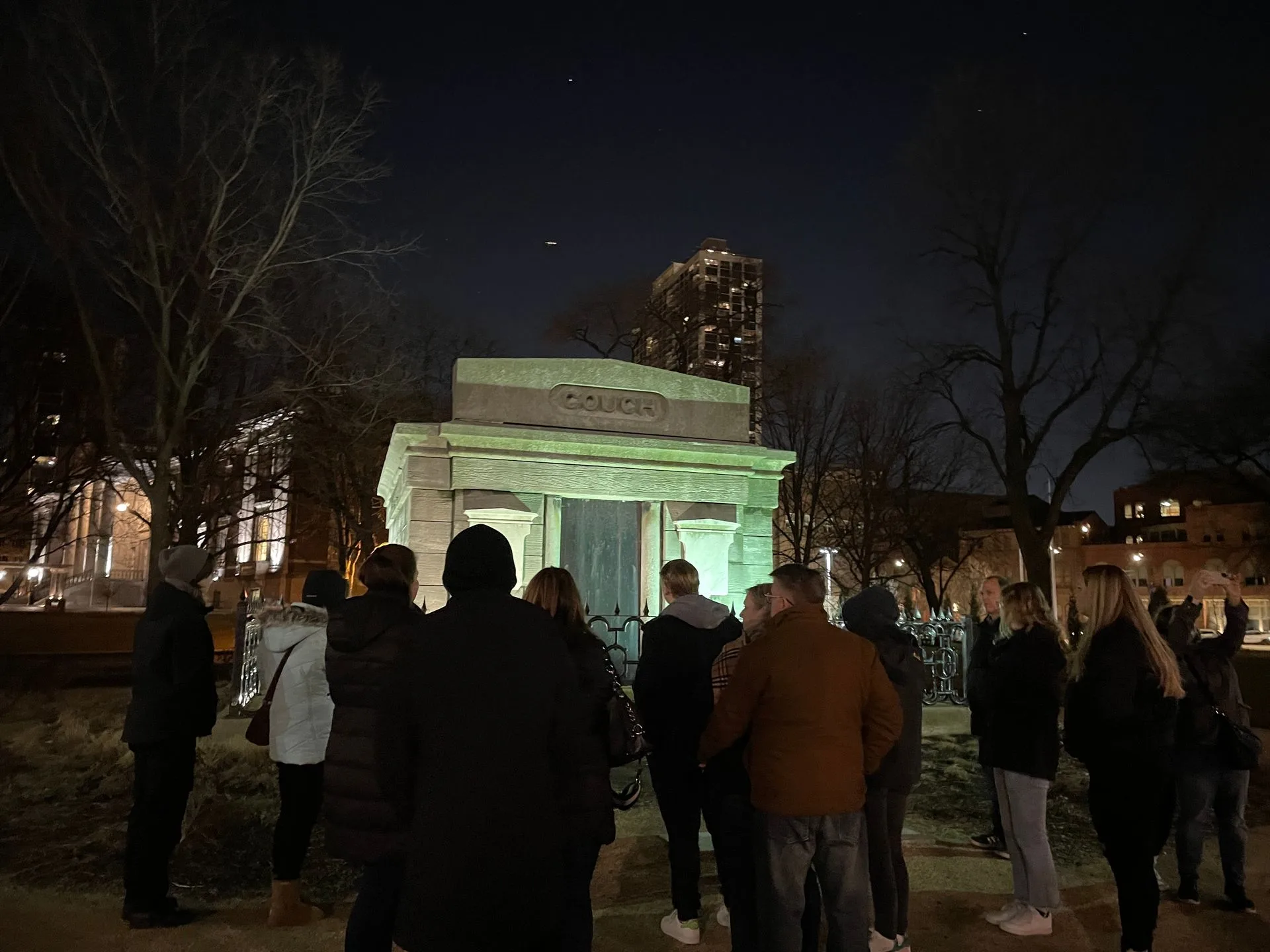Lincoln Park Chicago Ghost Tour Group Outside of Couch Tomb